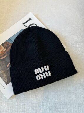 Miu Miu Black Knit Logo Slouchy Beanie